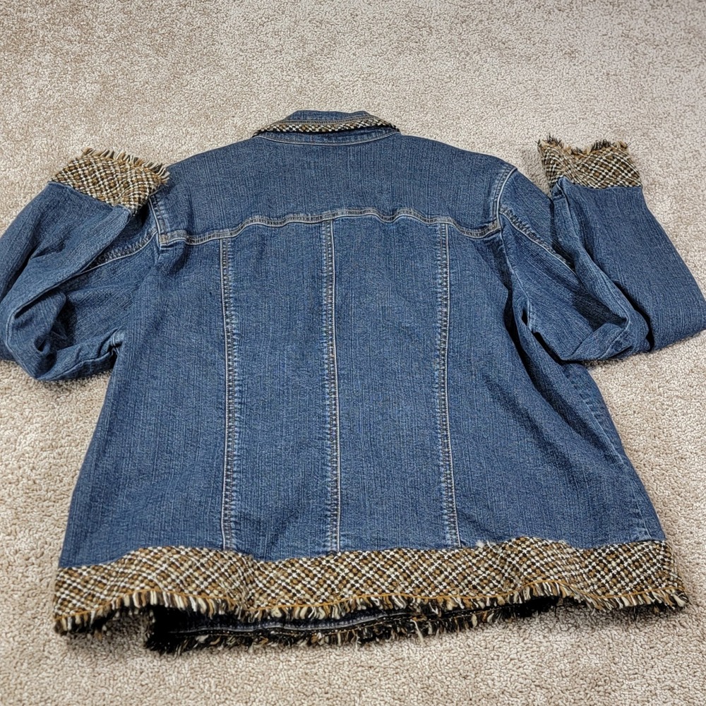 Coldwater Creek Womens W20 Denim Jacket Tweed Trim Fringe Blue Jean Button Up - Picture 5 of 5